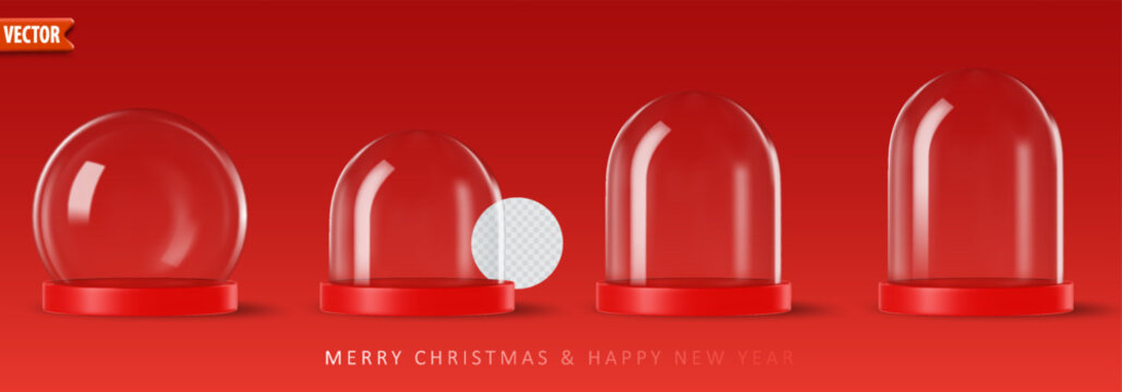 Empty 3d glass snow globes set isolated space for custom designs on red background. Christmas decorative podium with transparent glass dome for product studio. Vector realistic render snow ball globe