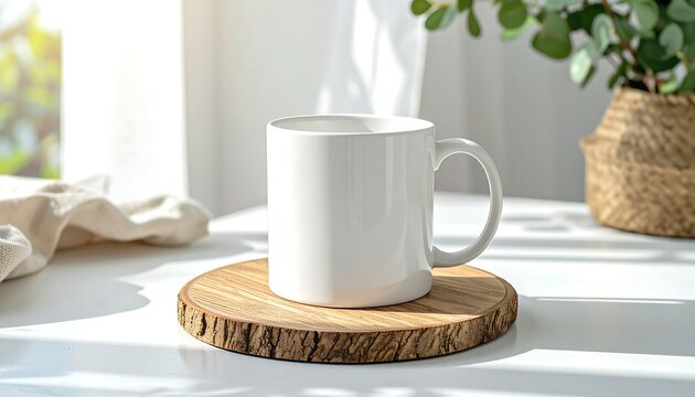 A clean white ceramic mug sits on a rustic wooden coaster, bathed in soft morning light, perfect for a cozy beverage or a creative mockup