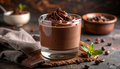 Decadent dessert presentation showcases a rich chocolate mousse swirled elegantly in a glass, surrounded by chocolate pieces, mint leaves, and a rustic wooden board, all against a dark and moody...