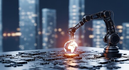 Robotic arm with glowing globe at center of circuit board, illustrating advanced technology and automation's impact on global industry