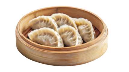 Steamed dumplings in bamboo steamer isolated on a transparent background