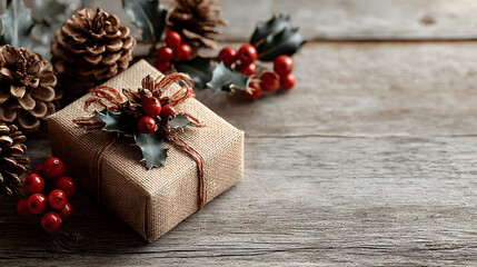 Gift box tied with ribbon with pinecones and holly sprigs on corners on rustic wooden background. Festive cozy winter border frame/banner.