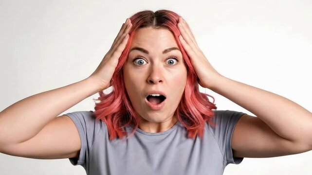 Shocked woman reacting with open mouth and wide eyes in a video sequence of surprise and astonishment