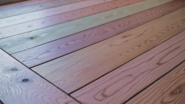 Colorful wooden floorboards transition with smooth perspective shift in natural lighting