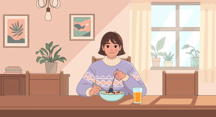 Girl Enjoying Healthy Breakfast At Home Interior With Plants