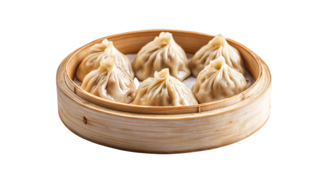 Steamed dumplings in bamboo steamer isolated on a transparent background