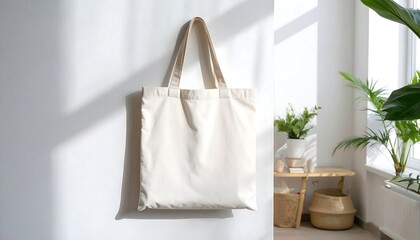 Minimalist off-white canvas tote bag hanging on a white wall with natural light casting shadows and a hint of greenery in the background