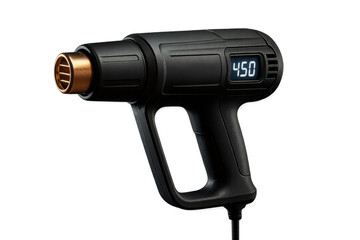 Black heat gun displaying digital temperature on transparent background