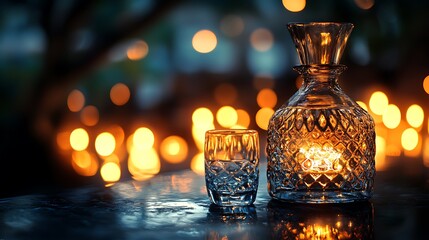 Elegant crystal carafe and glass reflecting warm bokeh lights in a luxurious setting