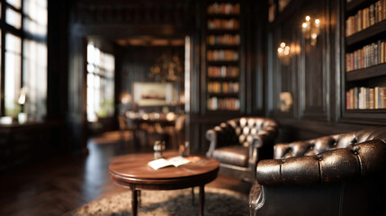 Fototapeta premium Blurred background of a cozy vintage library featuring dark wooden paneling and elegant furniture, creating a warm ambiance perfect for reading