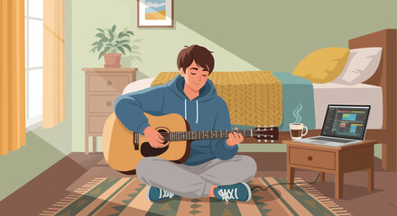 Fototapeta premium Relaxed Musician Composing Music At Home Using Guitar And Laptop