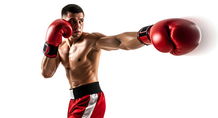 Focused boxer delivers powerful punch with intense concentration and athletic prowess, embodying strength and determination.