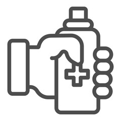 Bottle of antiseptic in hand line icon, medicine concept. Vector graphics. Antiseptic bottle with medical cross sign on white background, outline style icon for mobile or web design.