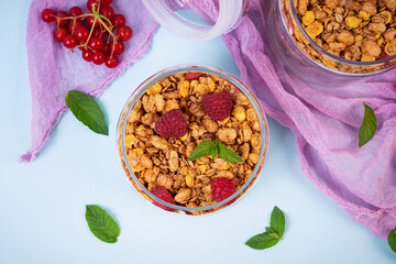 Yogurt with granola and berries. Healthy breakfast. Muesli, oats and yogurt