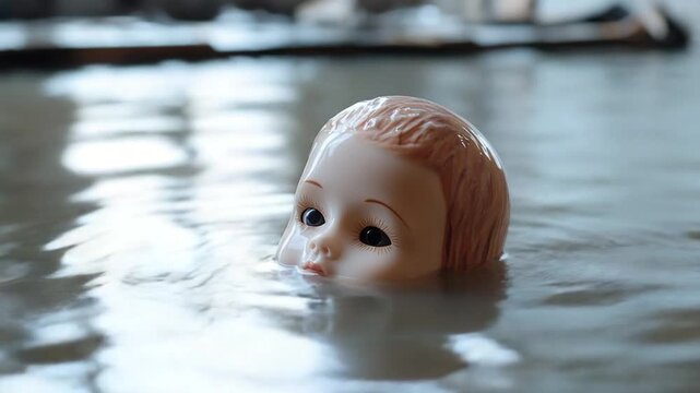 A doll's head floats in a pool of water