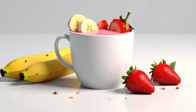 Delicious strawberry smoothie with banana slices and whole strawberries in a white mug, next to two ripe yellow bananas, creating a vibrant and healthy food composition on a clean white background,...