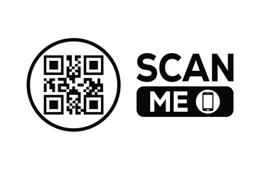 Minimalist black and white QR code label design with "SCAN ME" message, modern style, ideal for marketing, digital menus, business promotions, and mobile-based contactless solutions.	