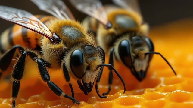 Close up of two honey bees on honeycomb, showcasing intricate details and vibrant colors