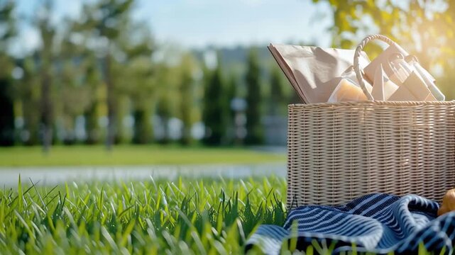 Picnic basket with food and drink on blanket in green grass under autumn sunlight featuring fresh bread rolls and warm outdoor relaxation composition