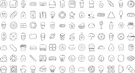 Illustration showcasing a variety of hand drawn food items including desserts drinks and other culinary treats