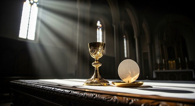 Golden chalice and host in church with light streaming through windows for religious ceremony concept