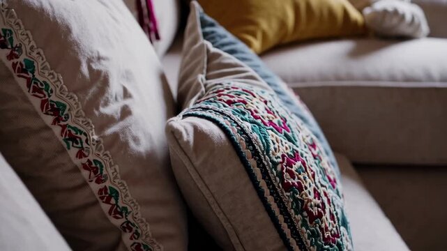 Cozy sofa with embroidered pillows and sunlit texture in a serene living room setting