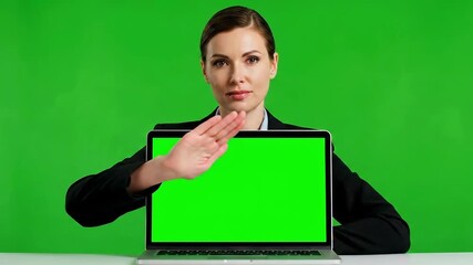 Confident professional woman presents data on a laptop with a vibrant green screen background for easy editing and compositing
