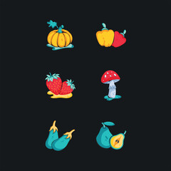 Hand Drawn Vegetables and Fruits Vector Illustration on Dark Background