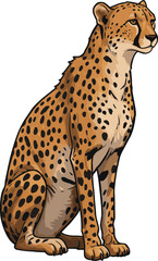 Cheetah sitting illustration, wild animal artwork, African predator, spotted fur, elegant pose, wildlife drawing, nature theme, feline sketch, safari concept, fast animal, golden coat, black spots,