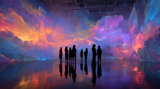 Group of people inside immersive light installation.