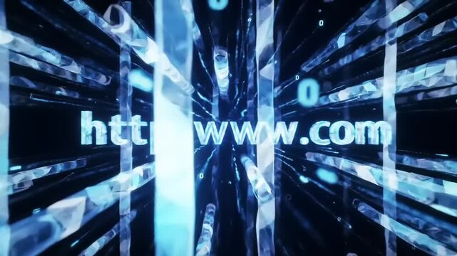 A digital representation of a website address with 'http' and 'www.com' displayed in a futuristic, abstract blue environment with binary code.