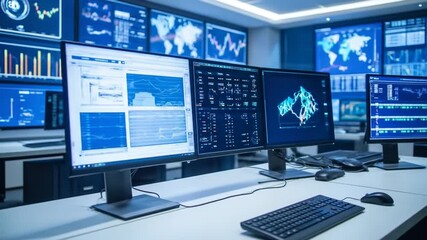 Sophisticated data monitoring center displaying real-time analytics and global information feeds - Powered by Adobe