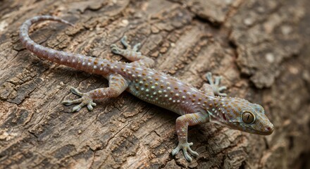 Fototapeta premium Close-up of gecko on wall, symbol of small reptiles and urban wildlife, perfect for nature, herpetology, and exotic animal themes.