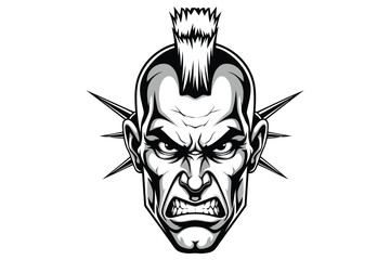Vector art of a menacing punk rockers face, , with a fierce expression and a striking mohawk, radiating an aura of rebellion and defiance, captured in a detailed vector illustration