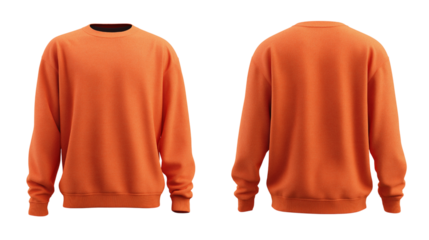 Orange sweatshirt mockup  front and back view isolated on white background for brand presentation