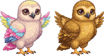 Fototapeta premium PrintAdorable cartoon owls with colorful wings, cute baby birds illustration, fantasy animal artwork, wildlife character design, funny illustration for kids