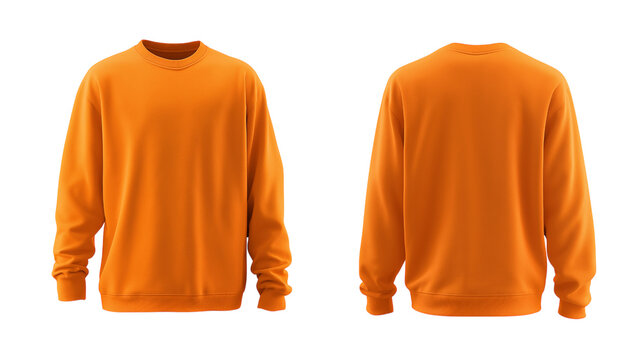 Orange sweatshirt mockup  front and back view isolated on white background for brand presentation