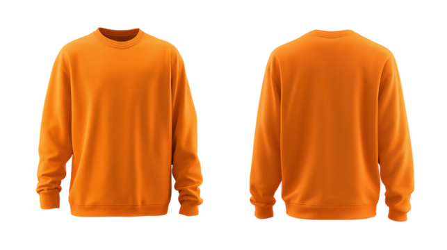 Orange sweatshirt mockup  front and back view isolated on white background for brand presentation