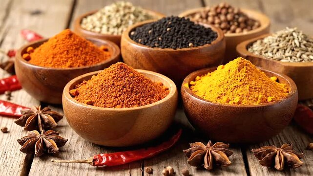 Vibrant Assortment of Aromatic Spices in Wooden Bowls.