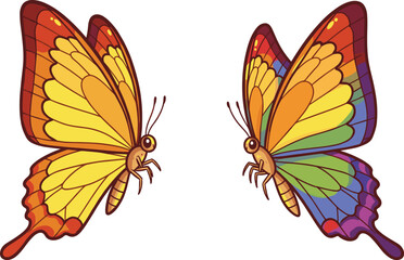 PrintBeautiful cartoon butterflies with bright yellow and rainbow wings, colorful insect illustration, fantasy nature artwork, flying butterfly design, vibrant decorative character