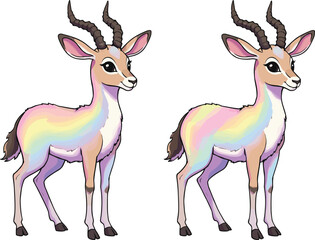 PrintBeautiful cartoon antelope with rainbow fur, colorful gazelle illustration, cute wildlife animal drawing, fantasy design, horned creature artwork, vector isolated character