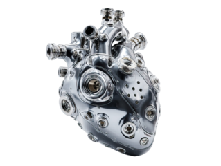Futuristic Mechanical Heart with Exposed Gears and Wires on Transparent Background