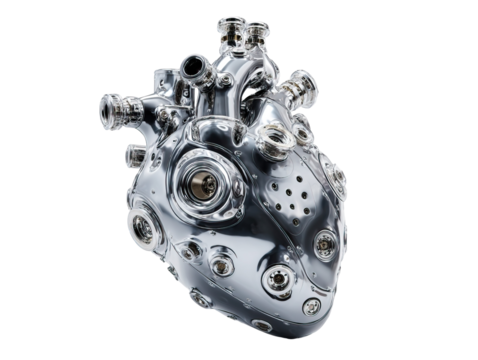 Futuristic Mechanical Heart with Exposed Gears and Wires on Transparent Background