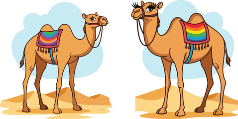 PrintCartoon camels with colorful saddles, desert landscape illustration, happy animals, cute camel artwork, Arabian desert transport, children’s educational drawing