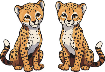 PrintCartoon cheetah cubs sitting, adorable wild cats illustration, cute spotted animals artwork, jungle predator design, vector wildlife drawing, big feline character