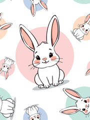 Seamless pattern with funny cartoon rabbits on white background