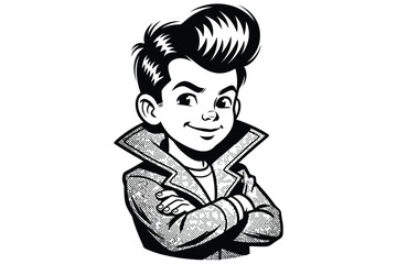 Vector art of retro cool boy with pompadour hairstyle and leather jacket a vintage cartoon character with a confident expression and classic style © Saharia