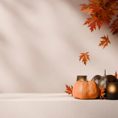 Minimal autumn interior scene for thanksgiving  fall season. Halloween background with pumpkins and maple leaves decor on empty white table. Black friday product sale mockup template.