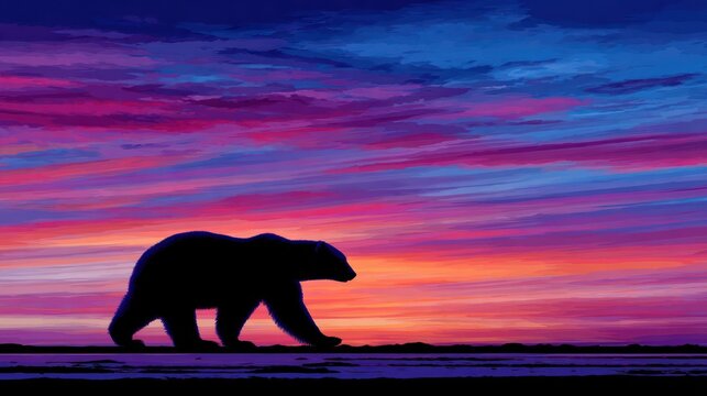 A silhouette of a polar bear strolls across a vibrant sunset landscape, painted with colorful hues.