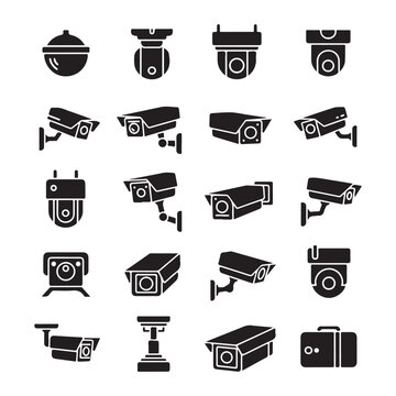 Surveillance camera vector set, black cctv icon collection, flat illustration.